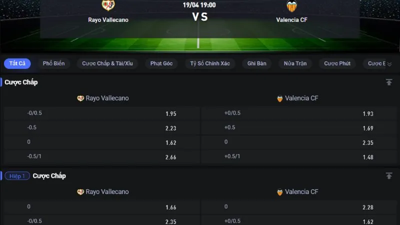 Bảng tỷ lệ kèo trận Vallecano vs Valencia